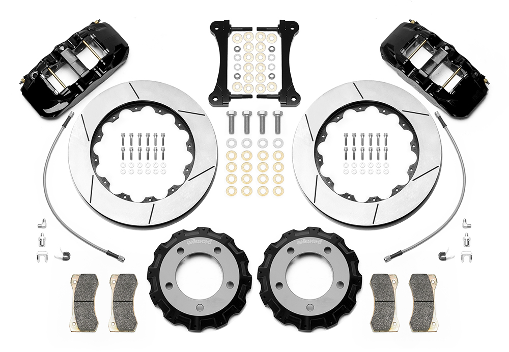 Wilwood AERO6 Big Brake Truck Front Brake Kit Parts Laid Out - Black Powder Coat Caliper - GT Slotted Rotor