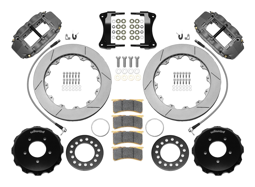 Wilwood Forged Narrow Superlite 6R Big Brake Front Brake Kit (Race) Parts Laid Out - Type III Anodize Caliper - GT Slotted Rotor