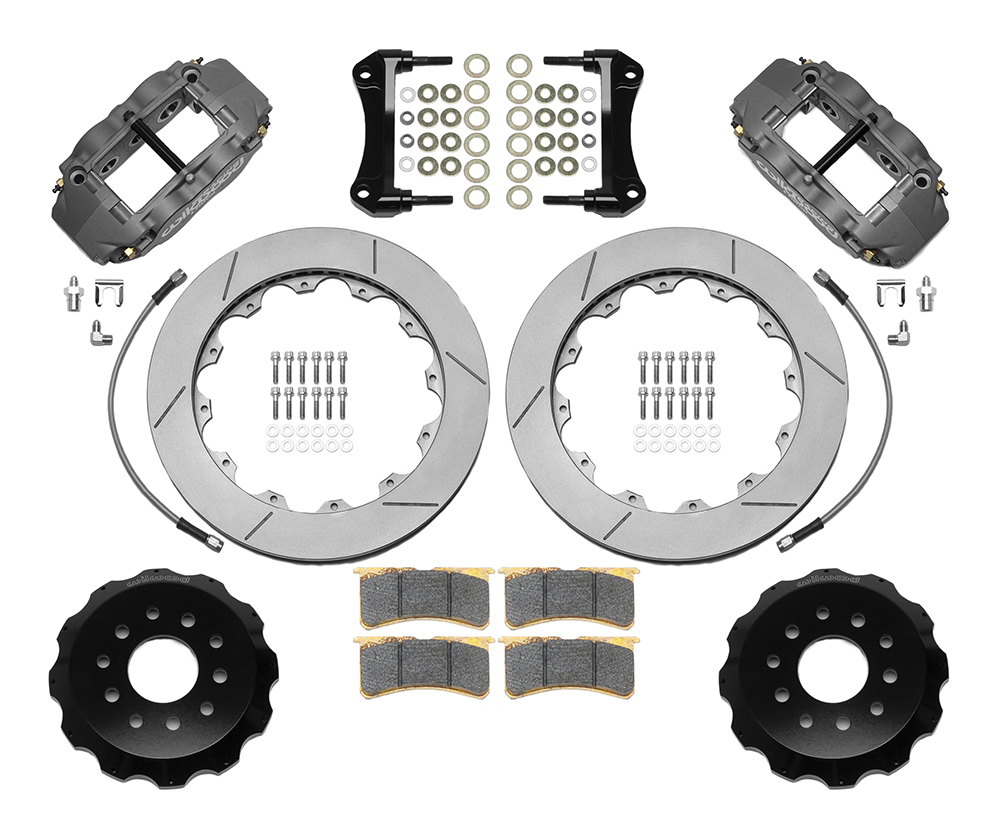 Wilwood Forged Narrow Superlite 6R Big Brake Front Brake Kit (Race) Parts Laid Out - Type III Anodize Caliper - GT Slotted Rotor