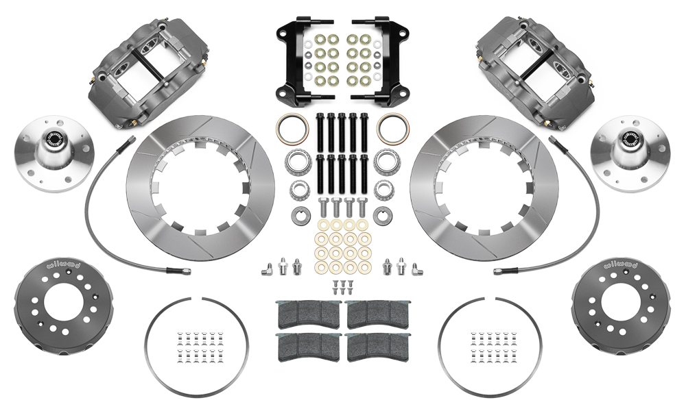 Wilwood Forged Superlite 4R Big Brake Lug Drive Front Brake Kit (Race) Parts Laid Out - Type III Anodize Caliper - GT Slotted Rotor