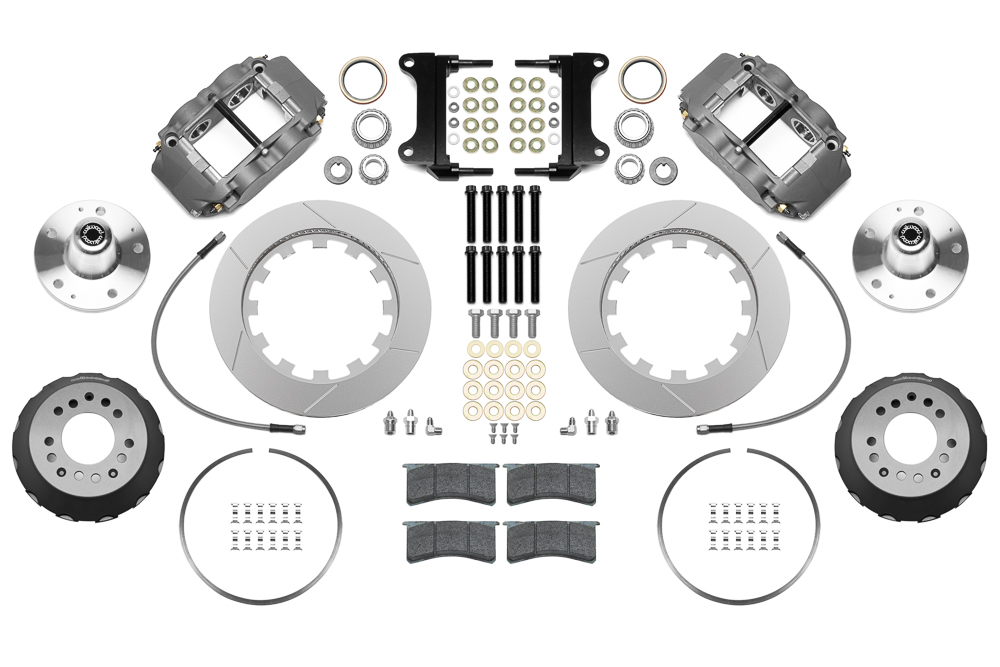 Wilwood Forged Superlite 4R Big Brake Lug Drive Front Brake Kit (Race) Parts Laid Out - Type III Anodize Caliper - GT Slotted Rotor