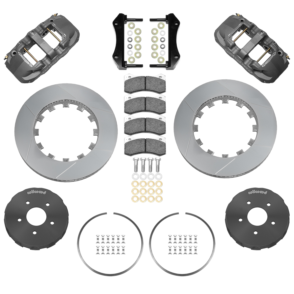Wilwood AERO6 Big Brake Lug Drive Front Brake Kit (Race) Parts Laid Out - Type III Ano Caliper - GT Slotted Rotor