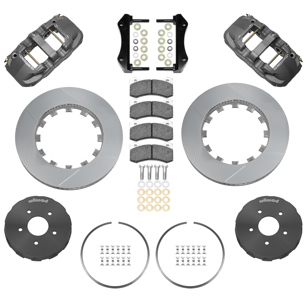 Wilwood AERO6 Big Brake Lug Drive Front Brake Kit (Race) Parts Laid Out - Type III Anodize Caliper - GT Slotted Rotor