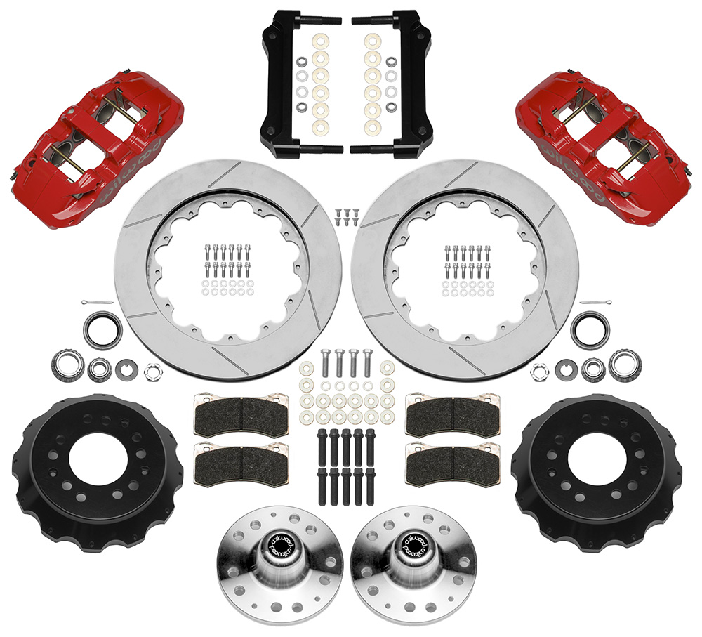 Wilwood AERO6 Big Brake Front Brake Kit Parts Laid Out - Red Powder Coat Caliper - GT Slotted Rotor