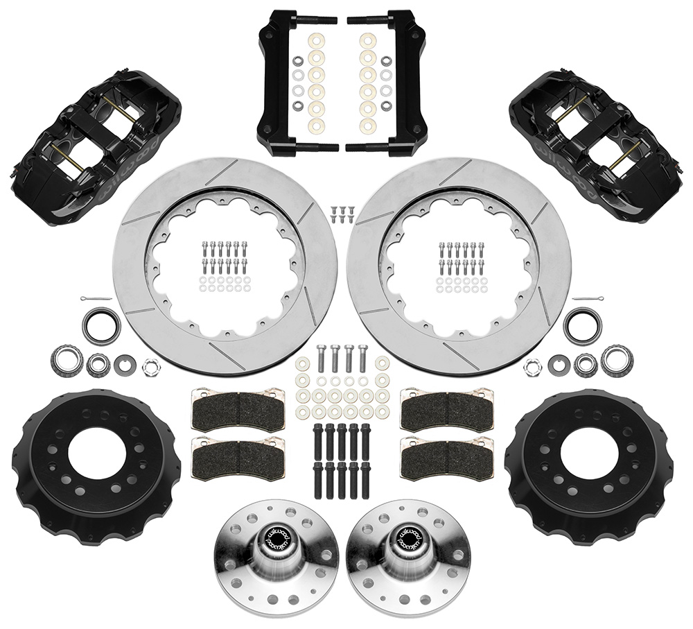 Wilwood AERO6 Big Brake Front Brake Kit Parts Laid Out - Black Powder Coat Caliper - GT Slotted Rotor