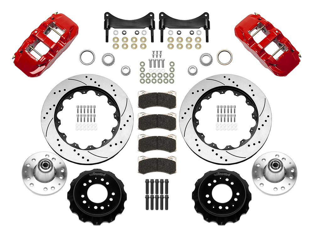 Wilwood AERO6 Big Brake Front Brake Kit Parts Laid Out - Red Powder Coat Caliper - SRP Drilled & Slotted Rotor