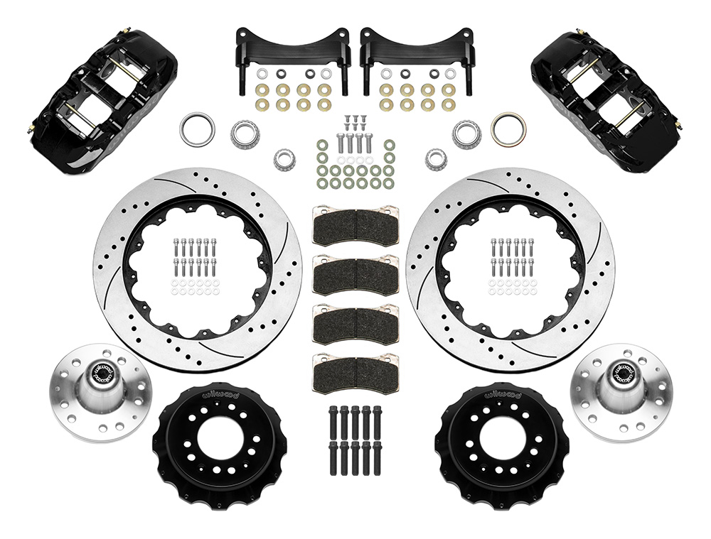 Wilwood AERO6 Big Brake Front Brake Kit Parts Laid Out - Black Powder Coat Caliper - SRP Drilled & Slotted Rotor