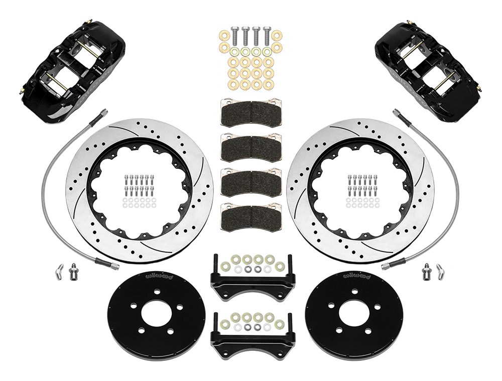 Wilwood AERO6 Big Brake Front Brake Kit Parts Laid Out - Black Powder Coat Caliper - SRP Drilled & Slotted Rotor