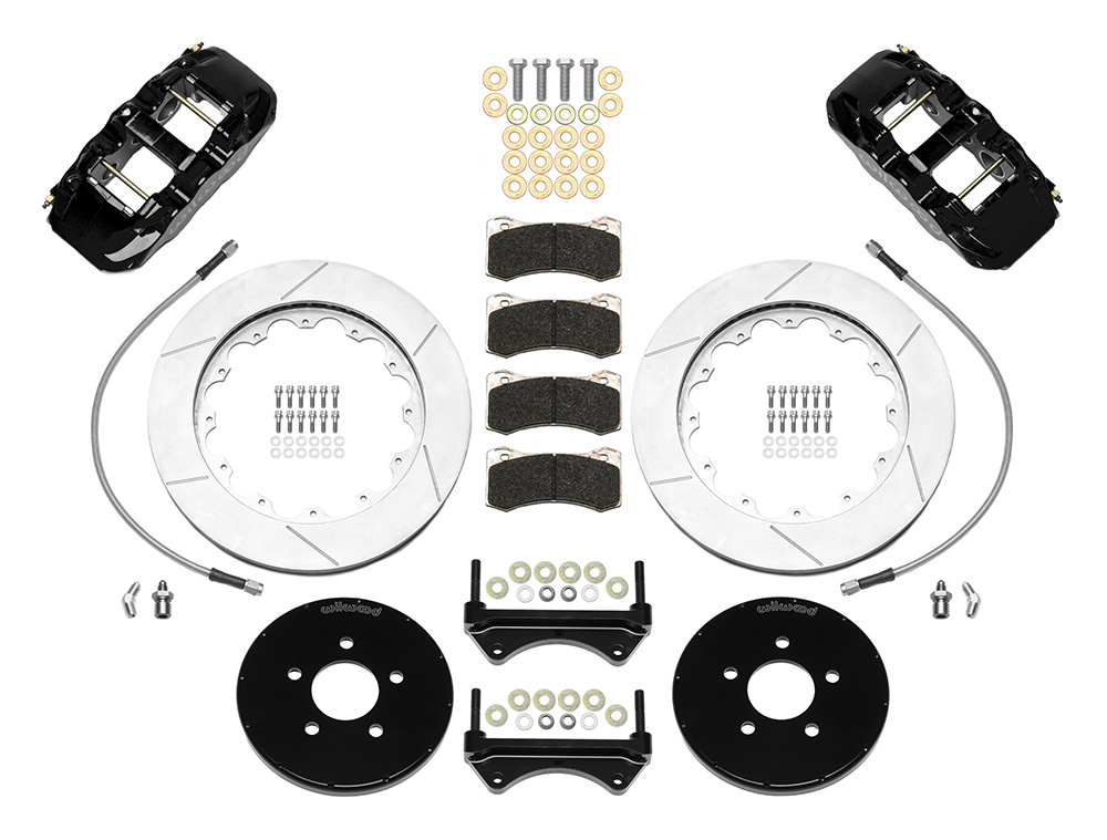 Wilwood AERO6 Big Brake Front Brake Kit Parts Laid Out - Black Powder Coat Caliper - GT Slotted Rotor