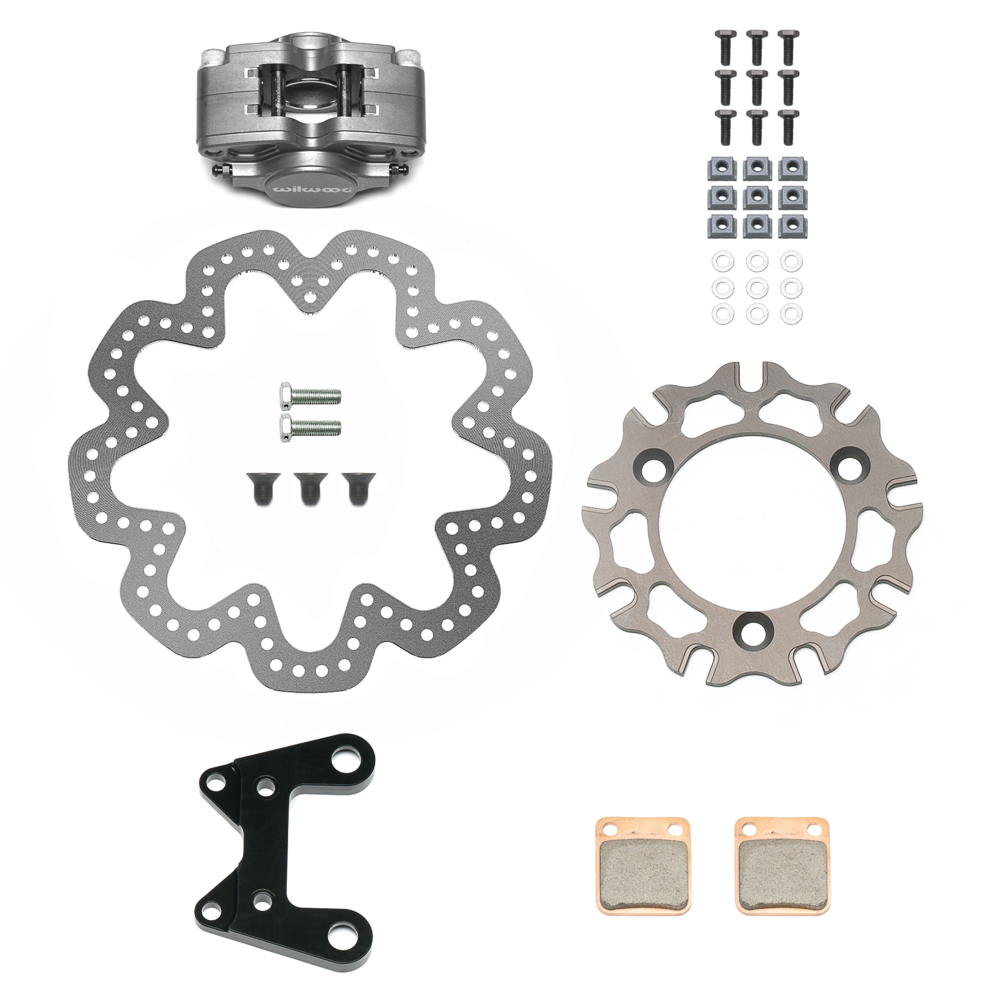 Wilwood GP200 Left Front Sprint Brake Kit Parts Laid Out - Type III Anodize Caliper - Drilled Rotor