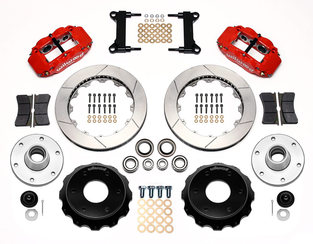 Wilwood Forged Narrow Superlite 6R Big Brake Front Brake Kit (6 x 5.50 Hub) Parts Laid Out - Red Powder Coat Caliper - GT Slotted Rotor
