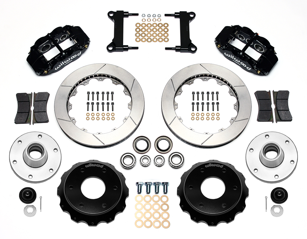 Wilwood Forged Narrow Superlite 6R Big Brake Front Brake Kit (6 x 5.50 Hub) Parts Laid Out - Black Powder Coat Caliper - GT Slotted Rotor