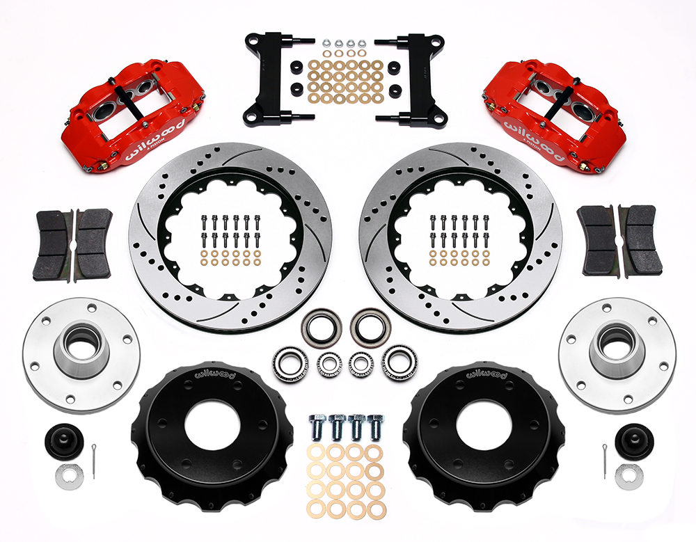 Wilwood Forged Narrow Superlite 6R Big Brake Front Brake Kit (6 x 5.50 Hub) Parts Laid Out - Red Powder Coat Caliper - SRP Drilled & Slotted Rotor