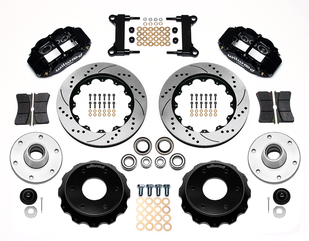 Wilwood Forged Narrow Superlite 6R Big Brake Front Brake Kit (6 x 5.50 Hub) Parts Laid Out - Black Powder Coat Caliper - SRP Drilled & Slotted Rotor