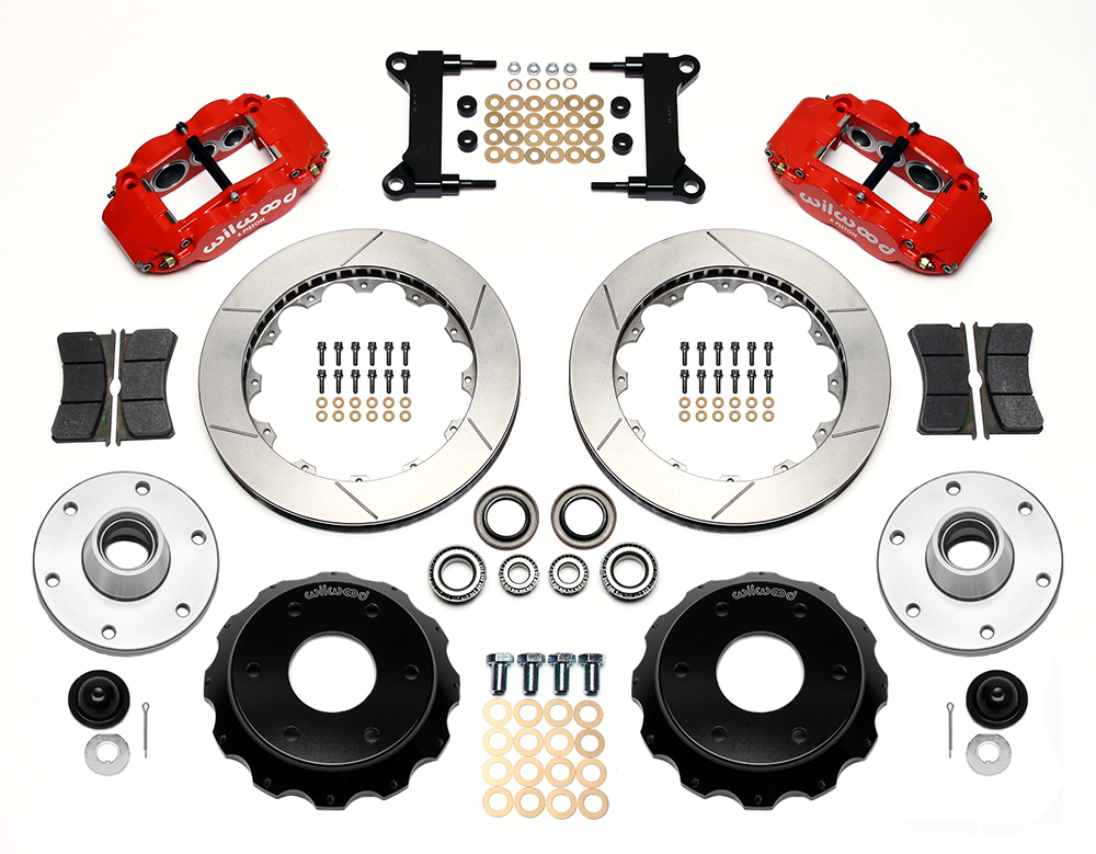 Wilwood Forged Narrow Superlite 6R Big Brake Front Brake Kit (6 x 5.50 Hub) Parts Laid Out - Red Powder Coat Caliper - GT Slotted Rotor