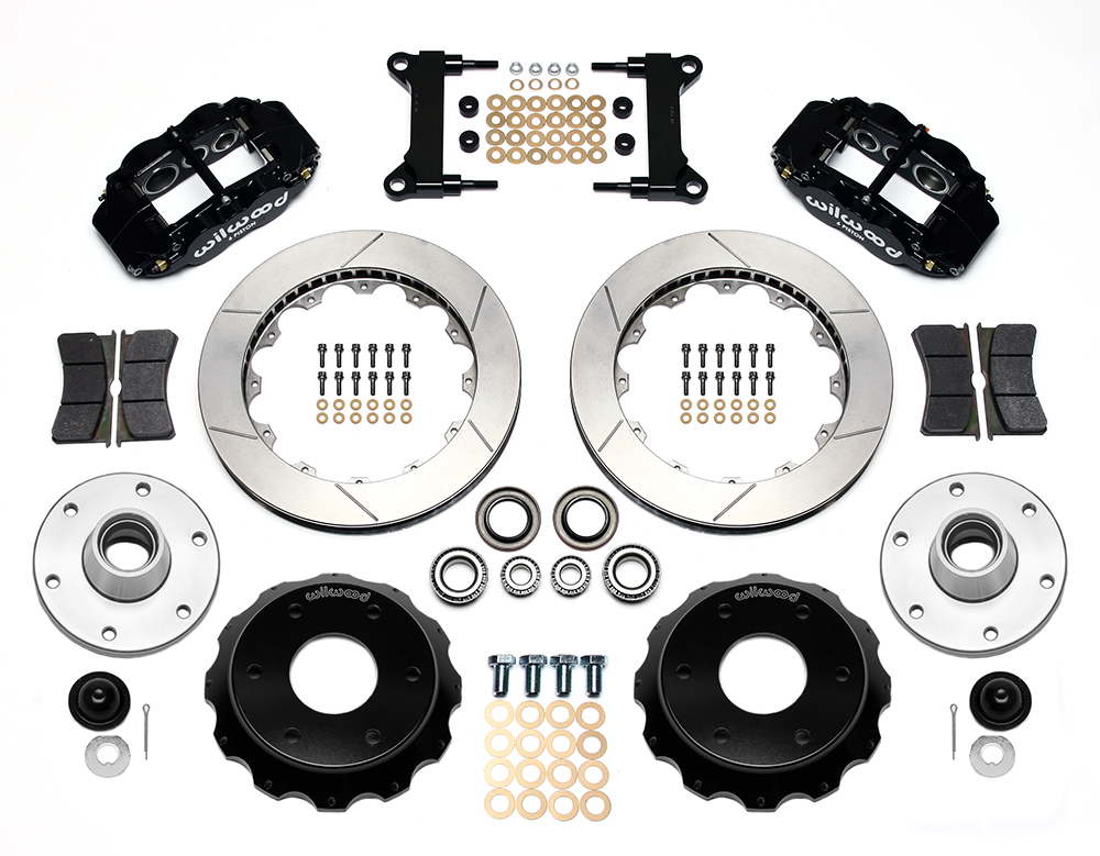 Wilwood Forged Narrow Superlite 6R Big Brake Front Brake Kit (6 x 5.50 Hub) Parts Laid Out - Black Powder Coat Caliper - GT Slotted Rotor