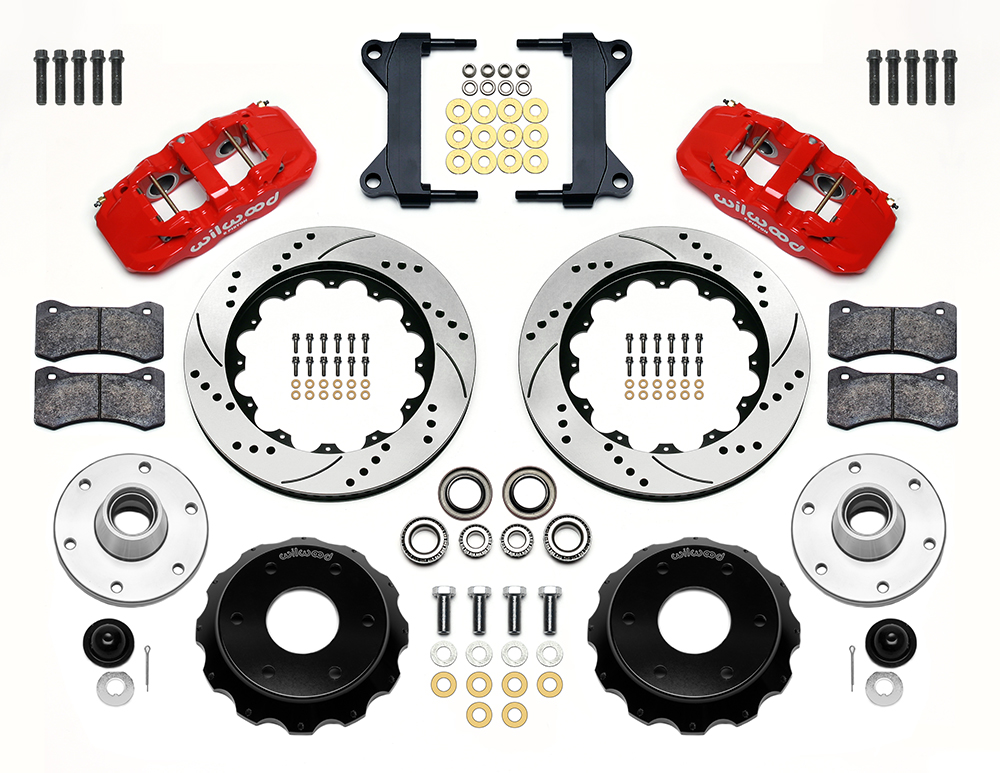 Wilwood AERO6 Big Brake Front Brake Kit (6 x 5.50 Hub) Parts Laid Out - Red Powder Coat Caliper - SRP Drilled & Slotted Rotor