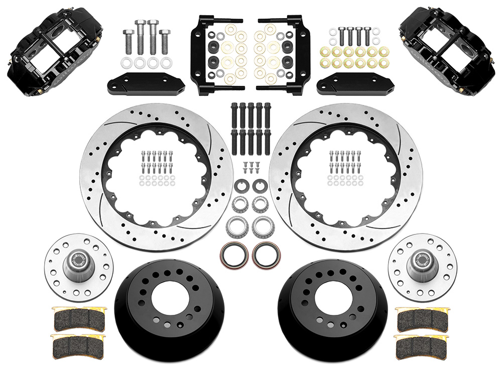 Wilwood Forged Narrow Superlite 6R Big Brake Front Brake Kit (Hub) Parts Laid Out - Black Powder Coat Caliper - SRP Drilled & Slotted Rotor