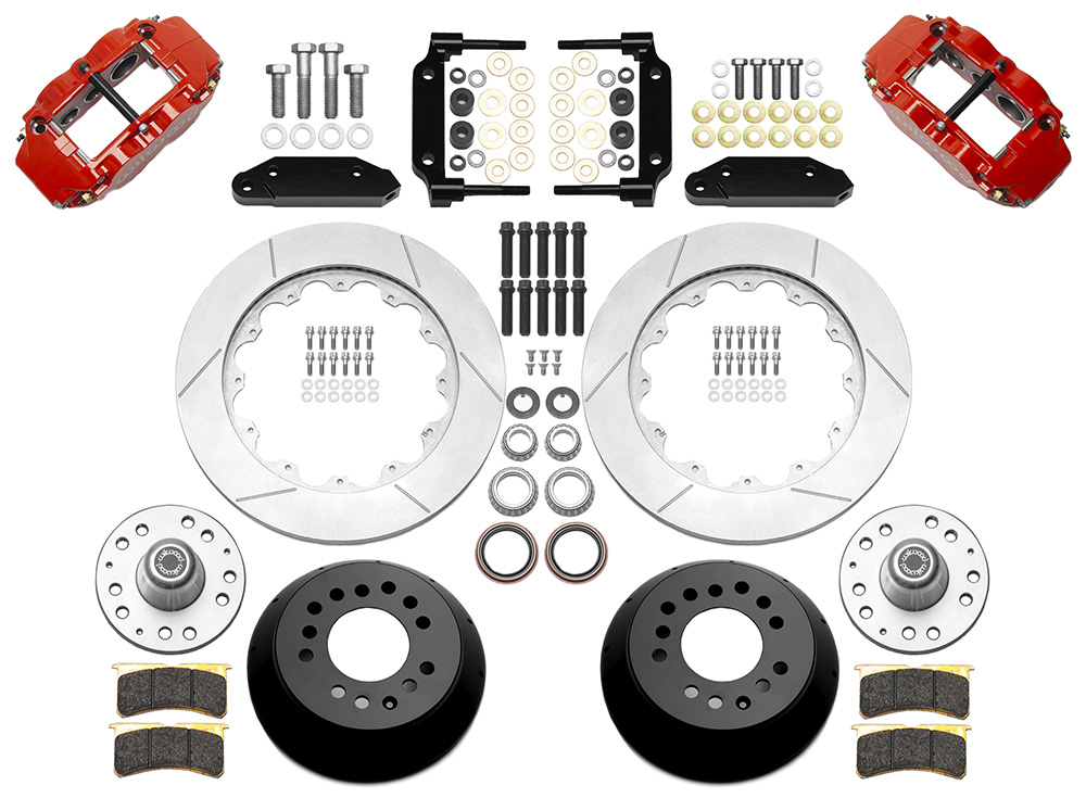 Wilwood Forged Narrow Superlite 6R Big Brake Front Brake Kit (Hub) Parts Laid Out - Red Powder Coat Caliper - GT Slotted Rotor