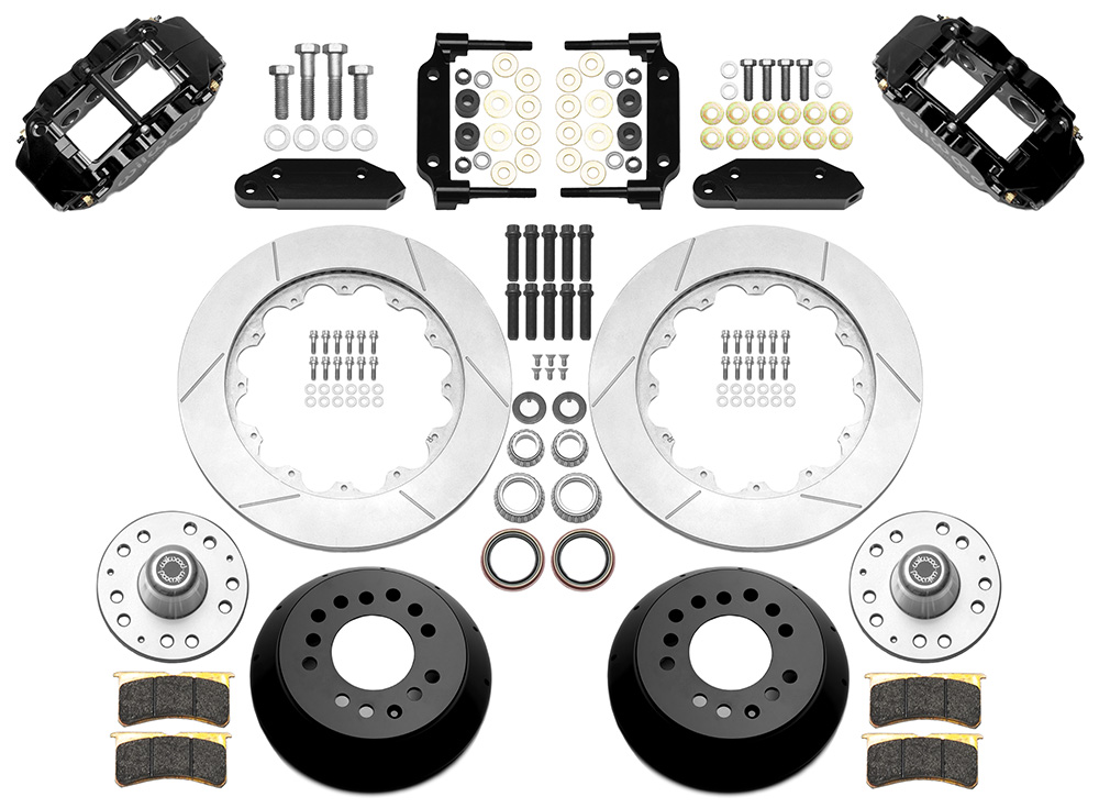 Wilwood Forged Narrow Superlite 6R Big Brake Front Brake Kit (Hub) Parts Laid Out - Black Powder Coat Caliper - GT Slotted Rotor