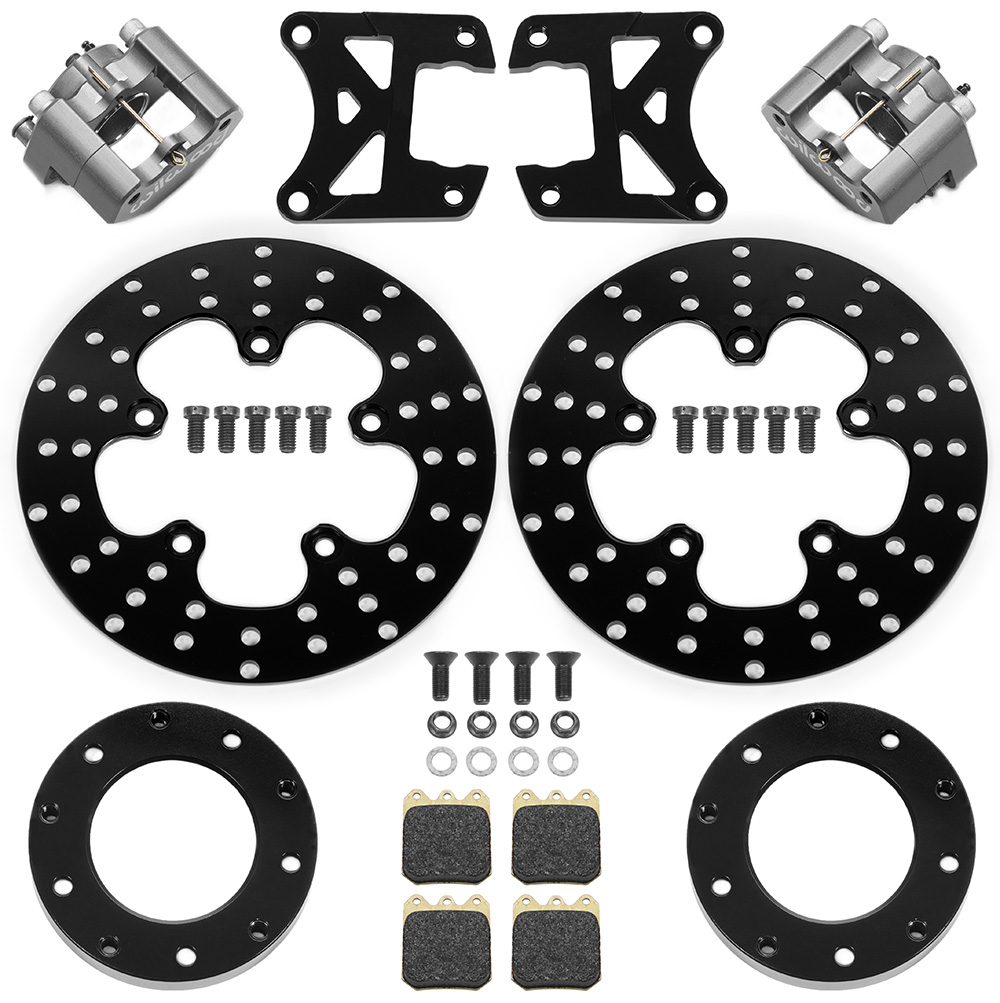 Wilwood Dynalite Single Floater Front Drag Brake Kit Parts Laid Out - Type III Ano Caliper - Drilled Rotor