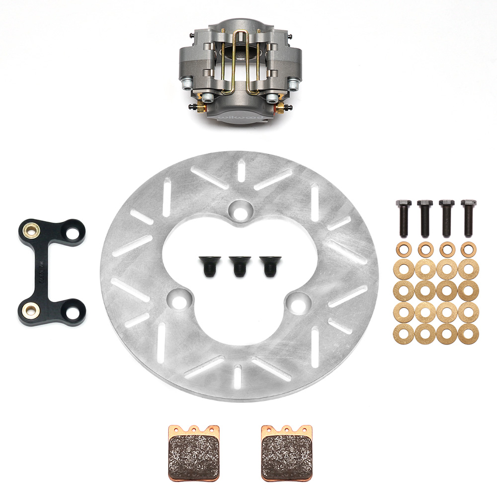 Wilwood Dynapro Single Left Front Sprint Brake Kit Parts Laid Out - Type III Anodize Caliper - Slotted Rotor