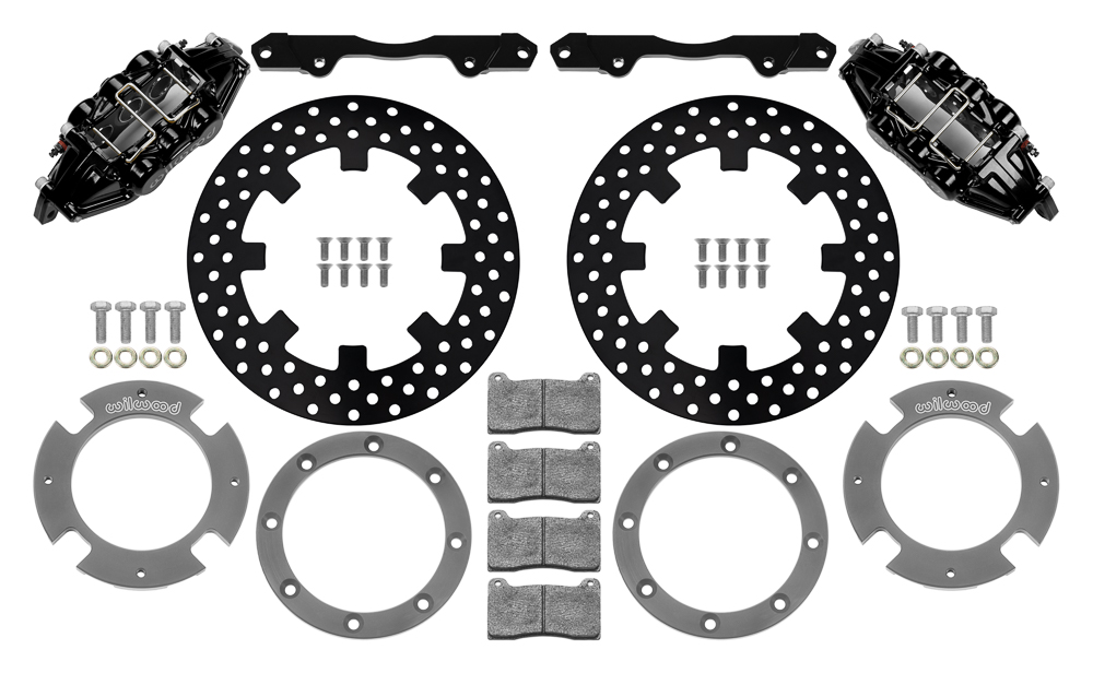 Wilwood UTV6 Front Brake Kit Parts Laid Out - Black Powder Coat Caliper - Drilled Rotor