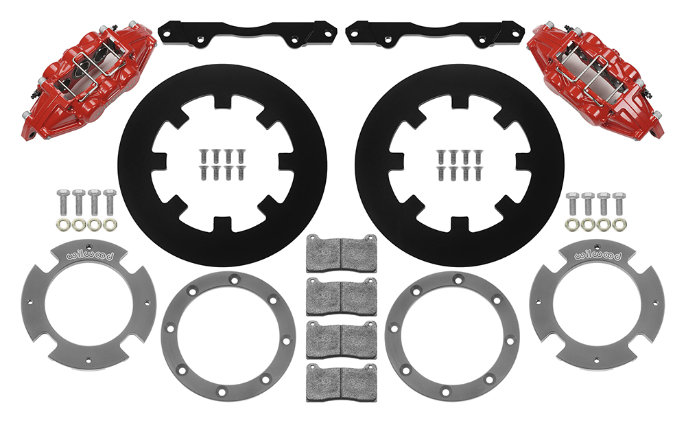 Wilwood UTV6 Front Brake Kit Parts Laid Out - Red Powder Coat Caliper - Plain Face Rotor