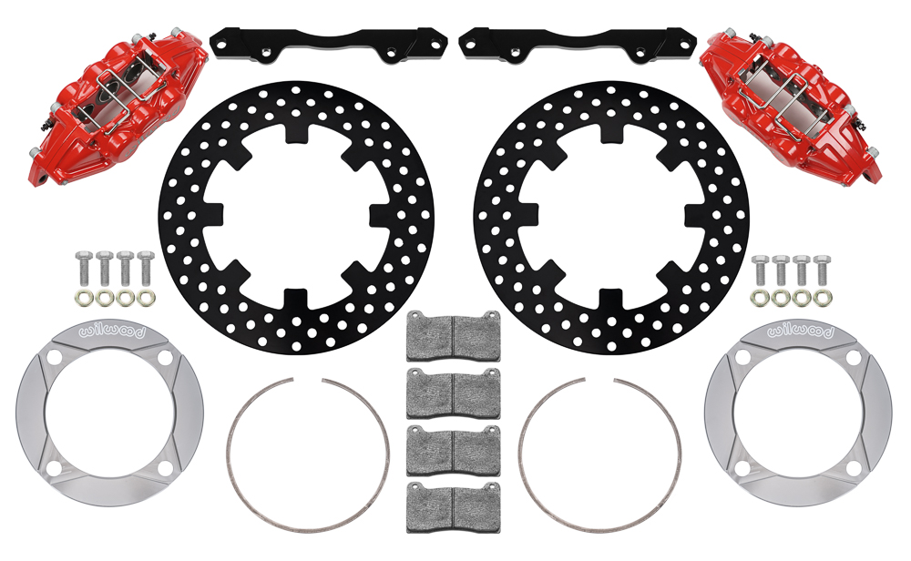 Wilwood UTV6 Front Brake Kit Parts Laid Out - Red Powder Coat Caliper - Drilled Rotor