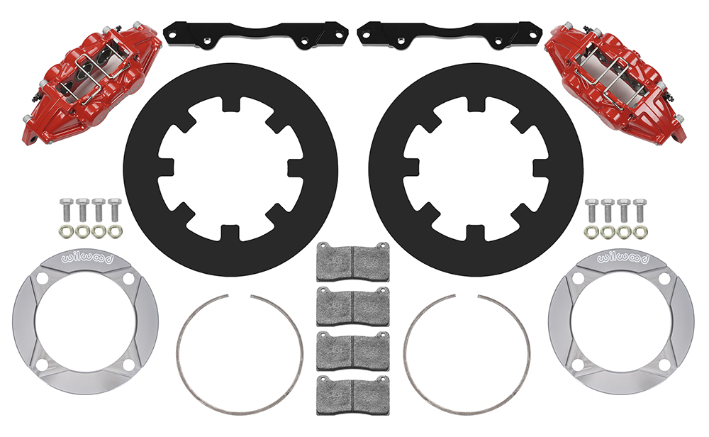 Wilwood UTV6 Front Brake Kit Parts Laid Out - Red Powder Coat Caliper - Plain Face Rotor