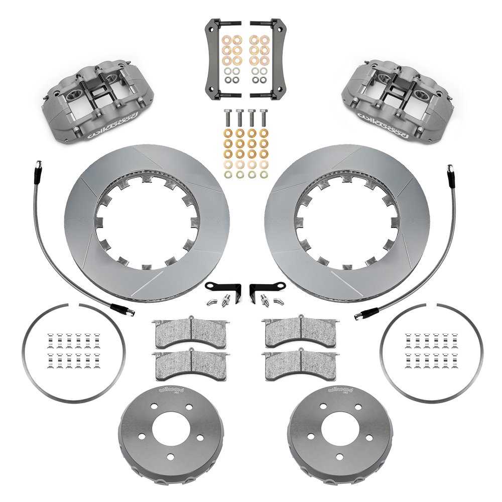 Wilwood GN4R Big Brake Lug Drive Front Brake Kit (Race) Parts Laid Out - Type III Anodize Caliper - GT Slotted Rotor