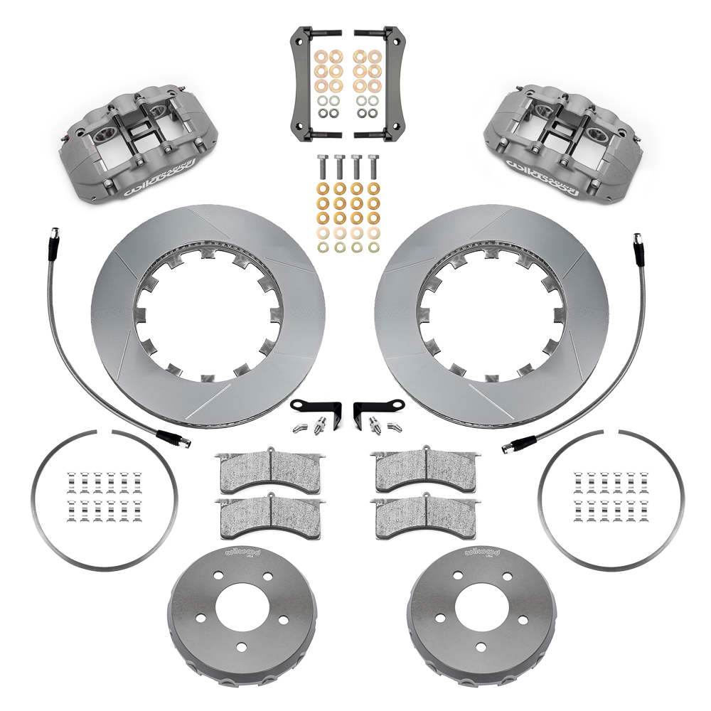 Wilwood GN4R Big Brake Lug Drive Front Brake Kit (Race) Parts Laid Out - Type III Anodize Caliper - GT Slotted Rotor