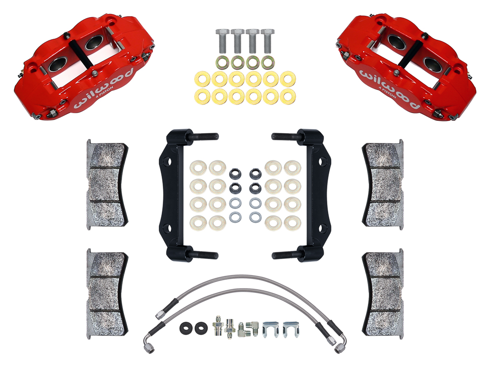 Wilwood Forged Narrow Superlite 4R Front Caliper and Bracket Kit Parts Laid Out - Red Powder Coat Caliper