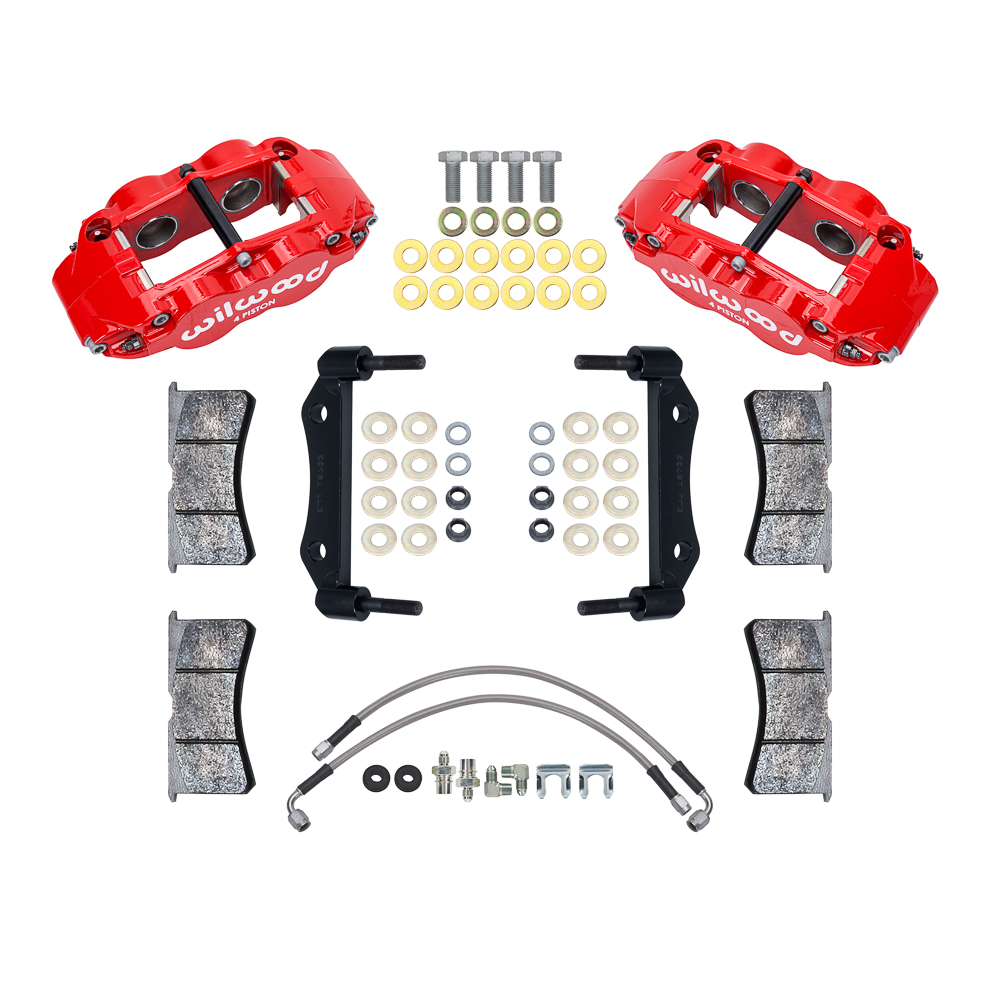 Wilwood Forged Narrow Superlite 4R Front Caliper and Bracket Kit Parts Laid Out - Red Powder Coat Caliper