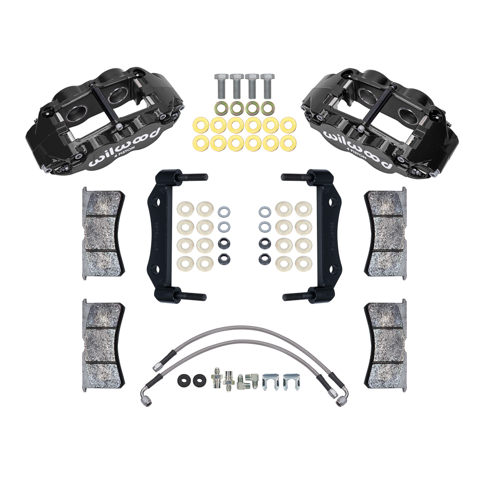 Wilwood Forged Narrow Superlite 4R Front Caliper and Bracket Kit Parts Laid Out - Black Powder Coat Caliper