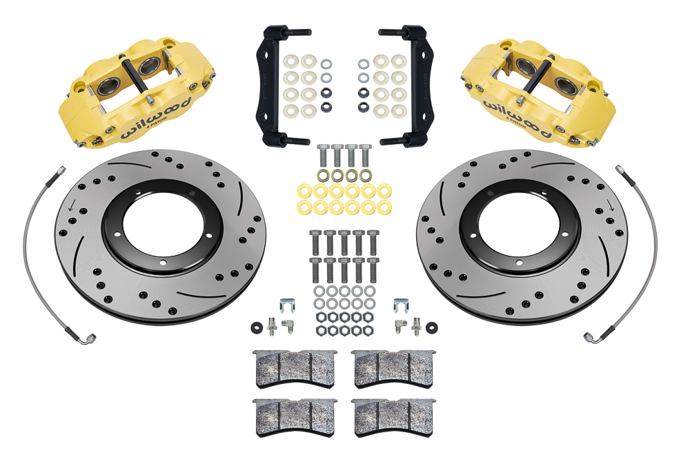 Wilwood Forged Narrow Superlite 4R Front Brake Kit Parts Laid Out - Yellow Powder Coat Caliper - SRP Drilled & Slotted Rotor