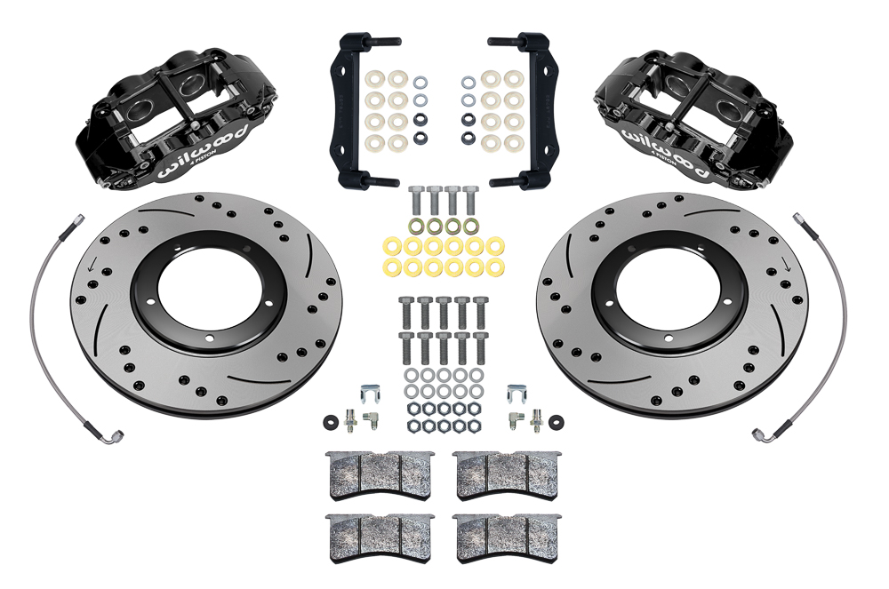 Wilwood Forged Narrow Superlite 4R Front Brake Kit Parts Laid Out - Black Powder Coat Caliper - SRP Drilled & Slotted Rotor