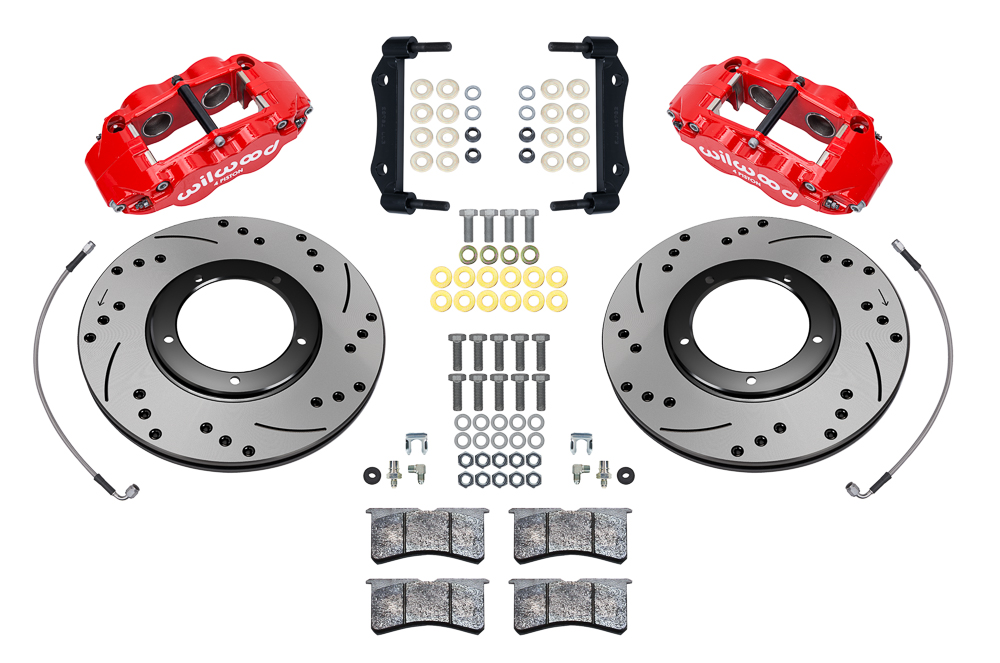 Wilwood Forged Narrow Superlite 4R Front Brake Kit Parts Laid Out - Red Powder Coat Caliper - SRP Drilled & Slotted Rotor