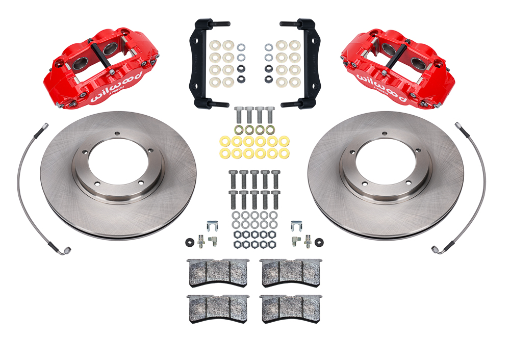 Wilwood Forged Narrow Superlite 4R Front Brake Kit Parts Laid Out - Red Powder Coat Caliper - Plain Face Rotor