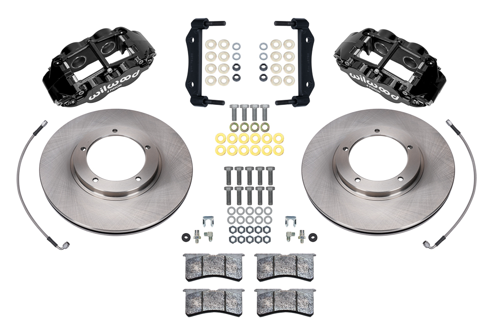 Wilwood Forged Narrow Superlite 4R Front Brake Kit Parts Laid Out - Black Powder Coat Caliper - Plain Face Rotor