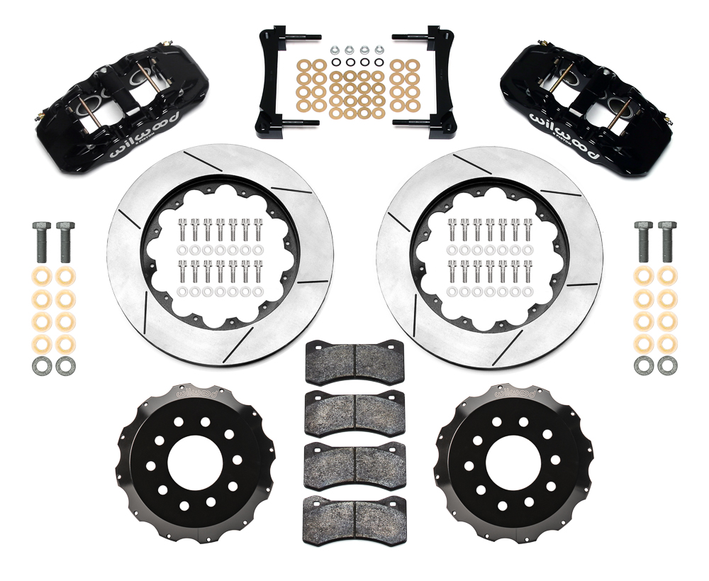 Wilwood AERO6 Big Brake Front Brake Kit Parts Laid Out - Black Powder Coat Caliper - GT Slotted Rotor