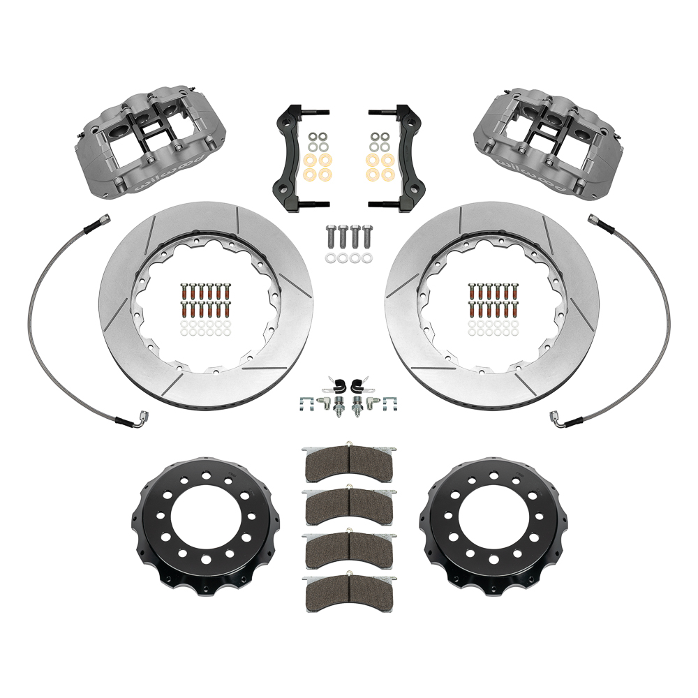 Wilwood AV6R Big Brake Truck Front Brake Kit Parts Laid Out - Type III Anodize Caliper - GT Slotted Rotor