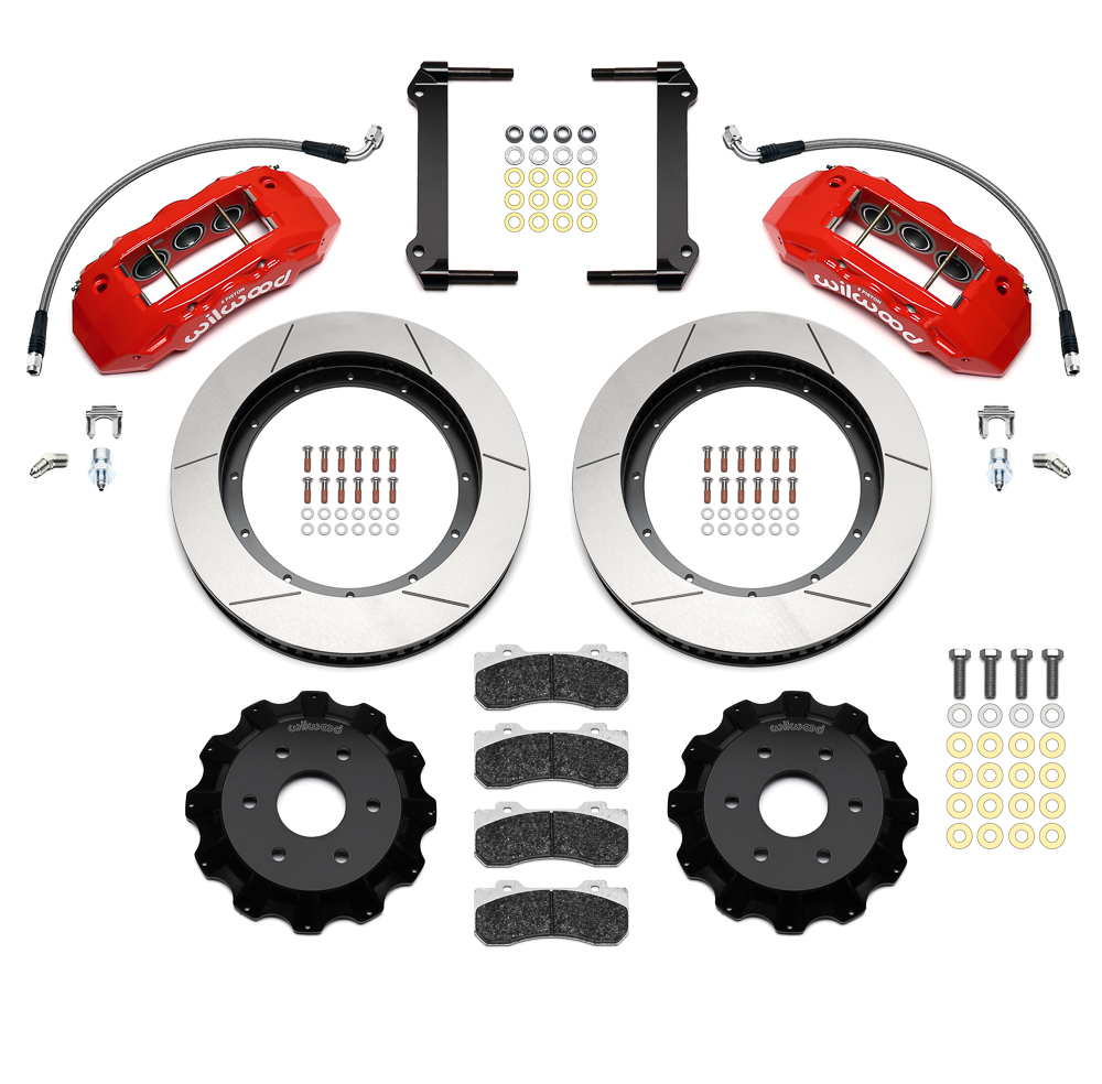 Wilwood TX6R Big Brake Truck Front Brake Kit Parts Laid Out - Red Powder Coat Caliper - GT Slotted Rotor