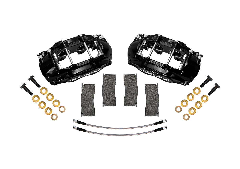 Wilwood D11 Front Replacement Caliper Kit Parts Laid Out - Black Powder Coat Caliper
