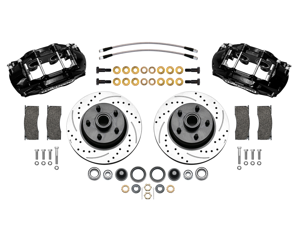 Wilwood Classic Series D11 Caliper Front Brake Kit Parts Laid Out - Black Powder Coat Caliper - SRP Drilled & Slotted Rotor