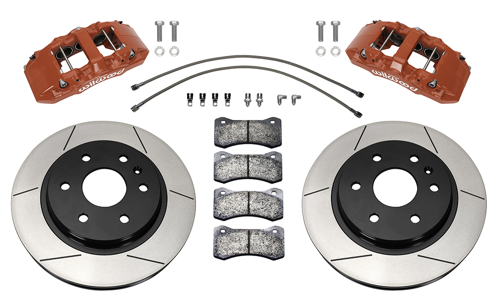 Wilwood AERO6-DM Direct-Mount Truck Front Brake Kit Parts Laid Out - Red Powder Coat Caliper - GT Slotted Rotor