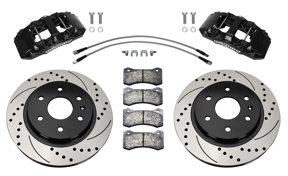 Wilwood AERO6-DM Direct-Mount Truck Front Brake Kit Parts Laid Out - Black Powder Coat Caliper - SRP Drilled & Slotted Rotor