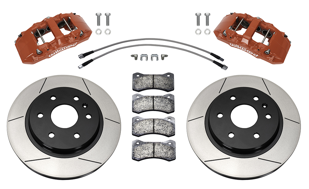 Wilwood AERO6-DM Direct-Mount Truck Front Brake Kit Parts Laid Out - Red Powder Coat Caliper - GT Slotted Rotor