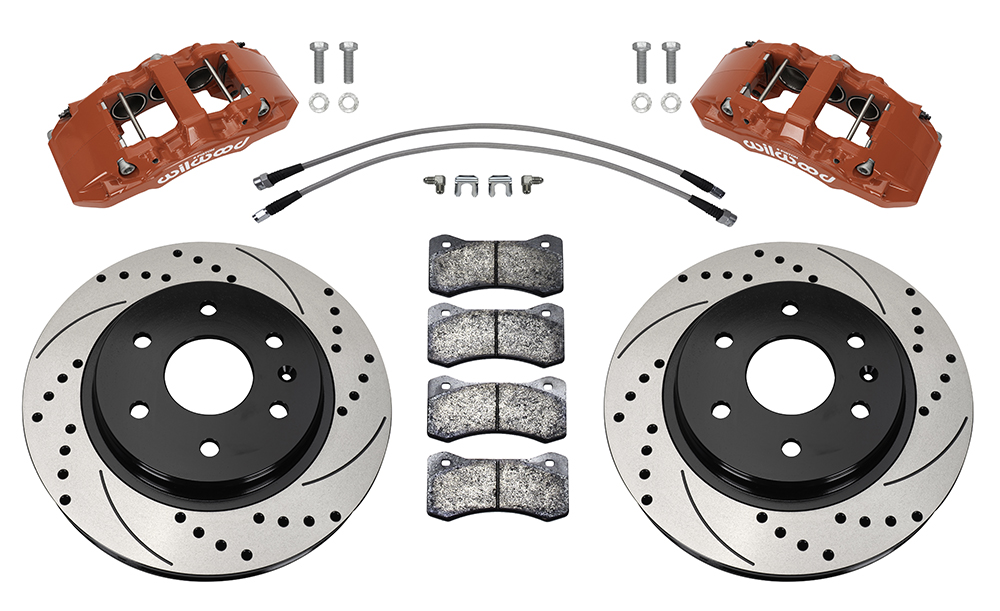 Wilwood AERO6-DM Direct-Mount Truck Front Brake Kit Parts Laid Out - Red Powder Coat Caliper - SRP Drilled & Slotted Rotor