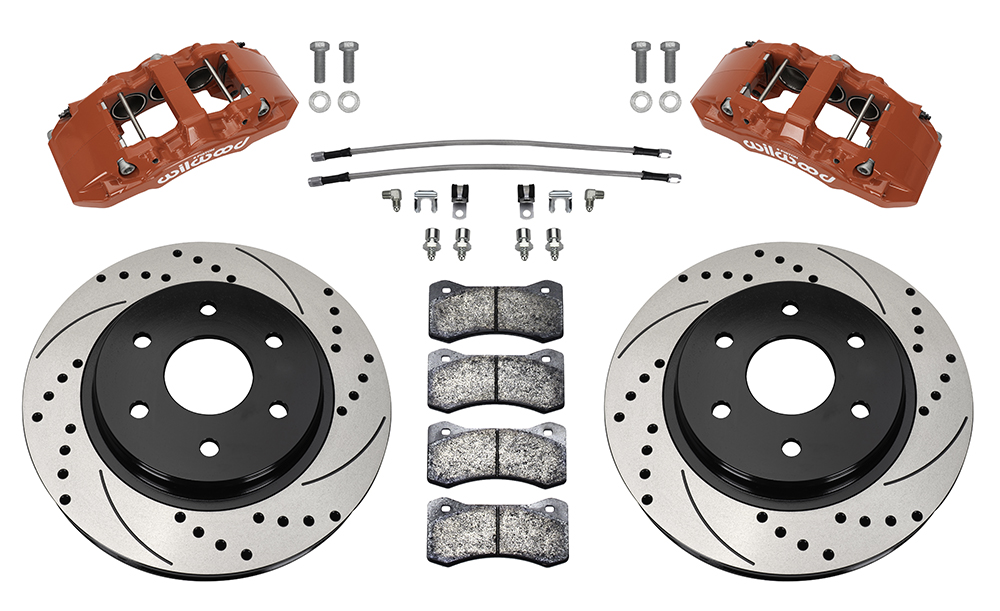 Wilwood AERO6-DM Direct-Mount Truck Front Brake Kit Parts Laid Out - Red Powder Coat Caliper - SRP Drilled & Slotted Rotor